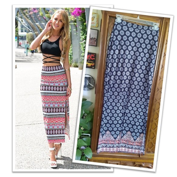 Bohemian Side Slit Maxi Skirt -  Black, Pink Size S - Picture 1 of 12